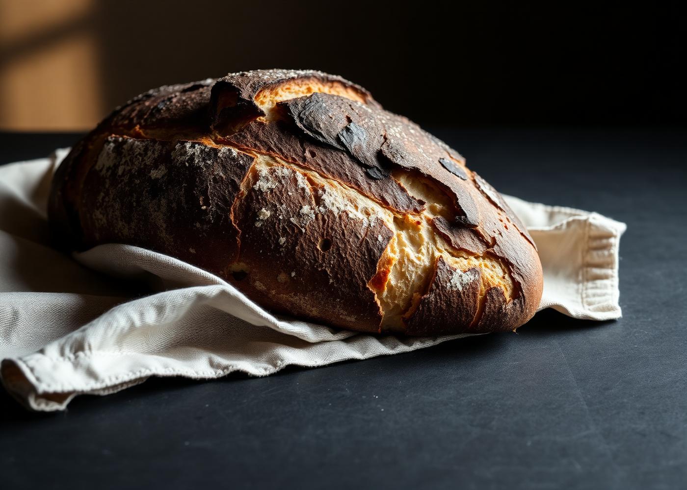 Pagnotta di pane appena cotta su piano scuro