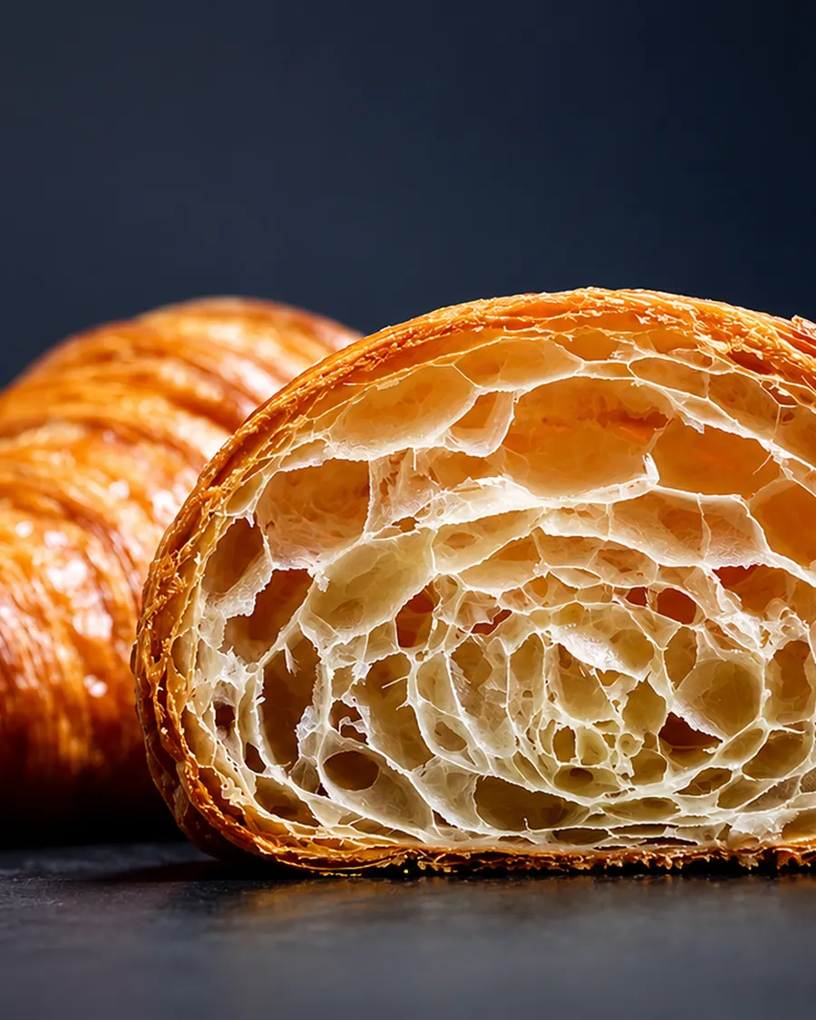 Croissant intero accanto a un croissant tagliato, con la sfogliatura in sezione