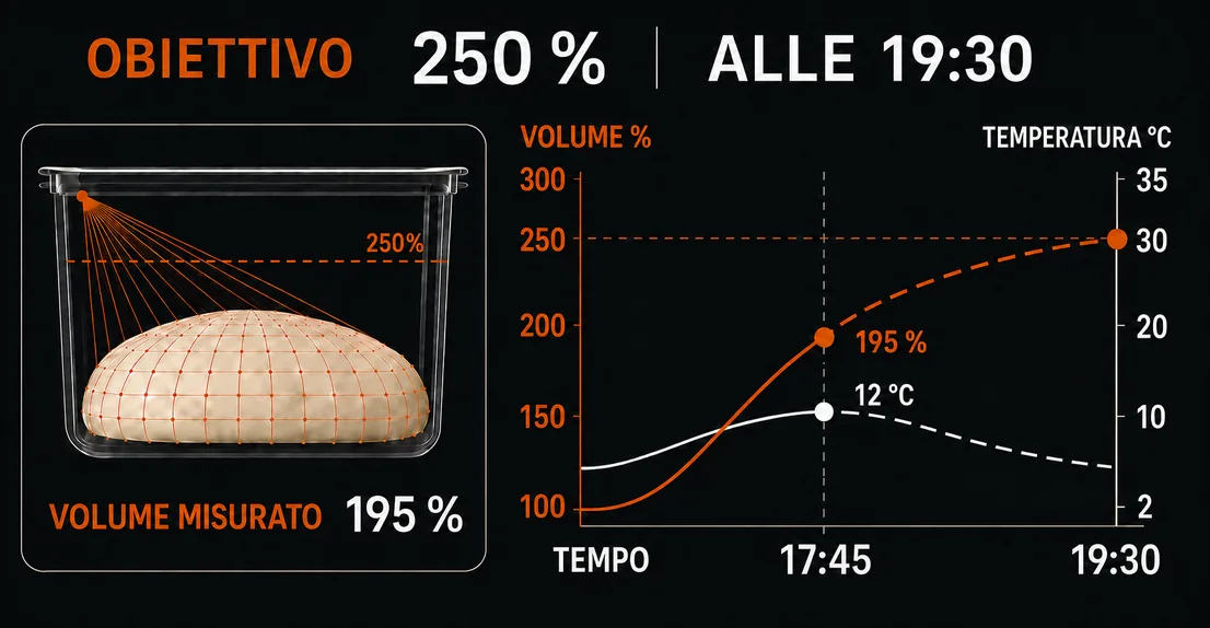 Schermata dell'Autopilota: il sensore sul fianco del contenitore misura il volume dell'impasto, il grafico affianca volume e temperatura nel tempo, l'obiettivo è 250 % alle 19:30