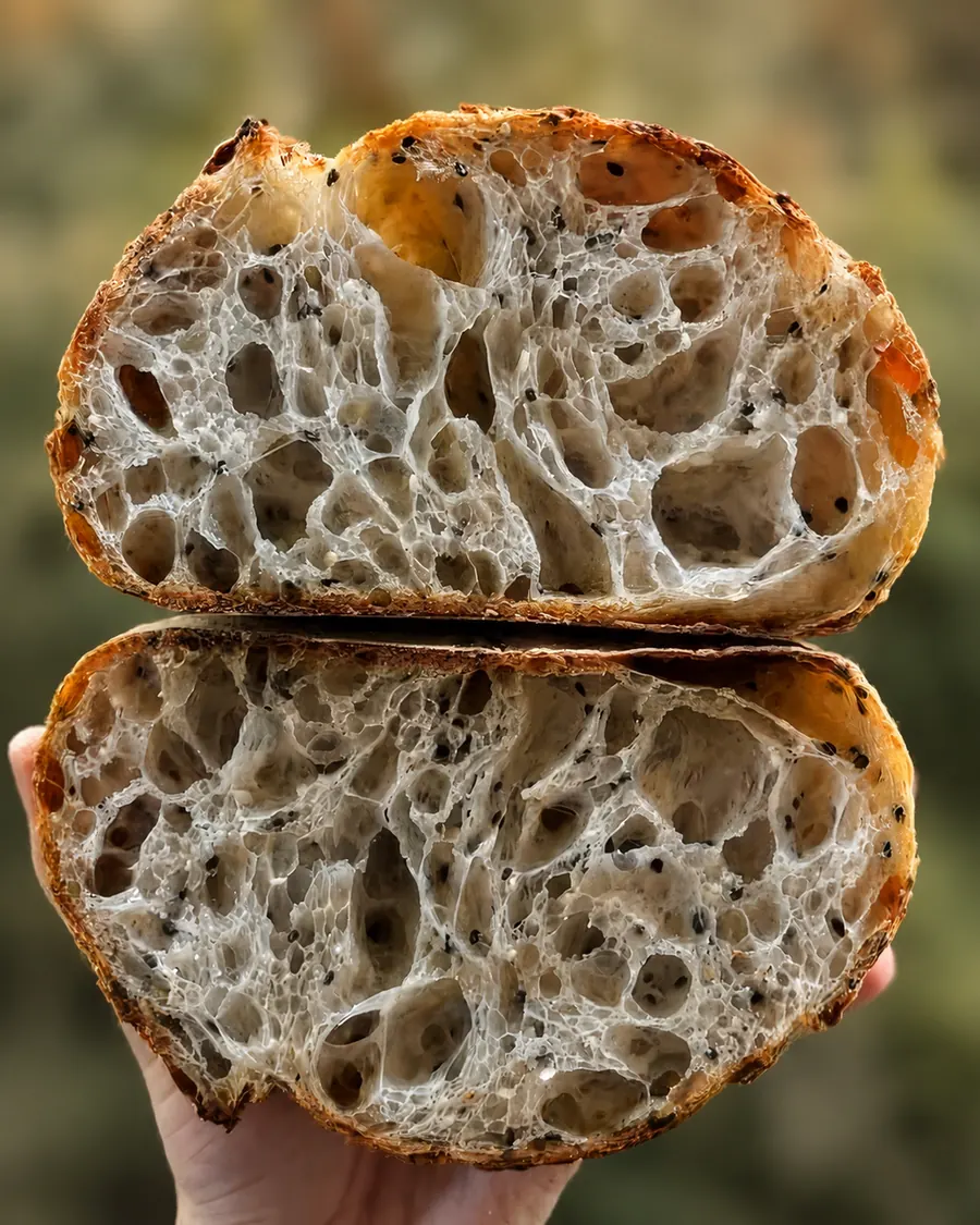 Due metà di pane al lievito madre tenute in mano, con alveolatura aperta e irregolare
