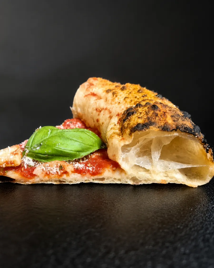 Trancio di pizza tonda con il cornicione aperto in sezione